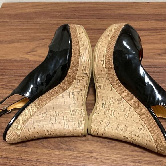 Lisa-W Black Patent Leather Slingback Cork Wedge Peep Toe Pumps. Size 39/8.5. - Picture 5 of 9